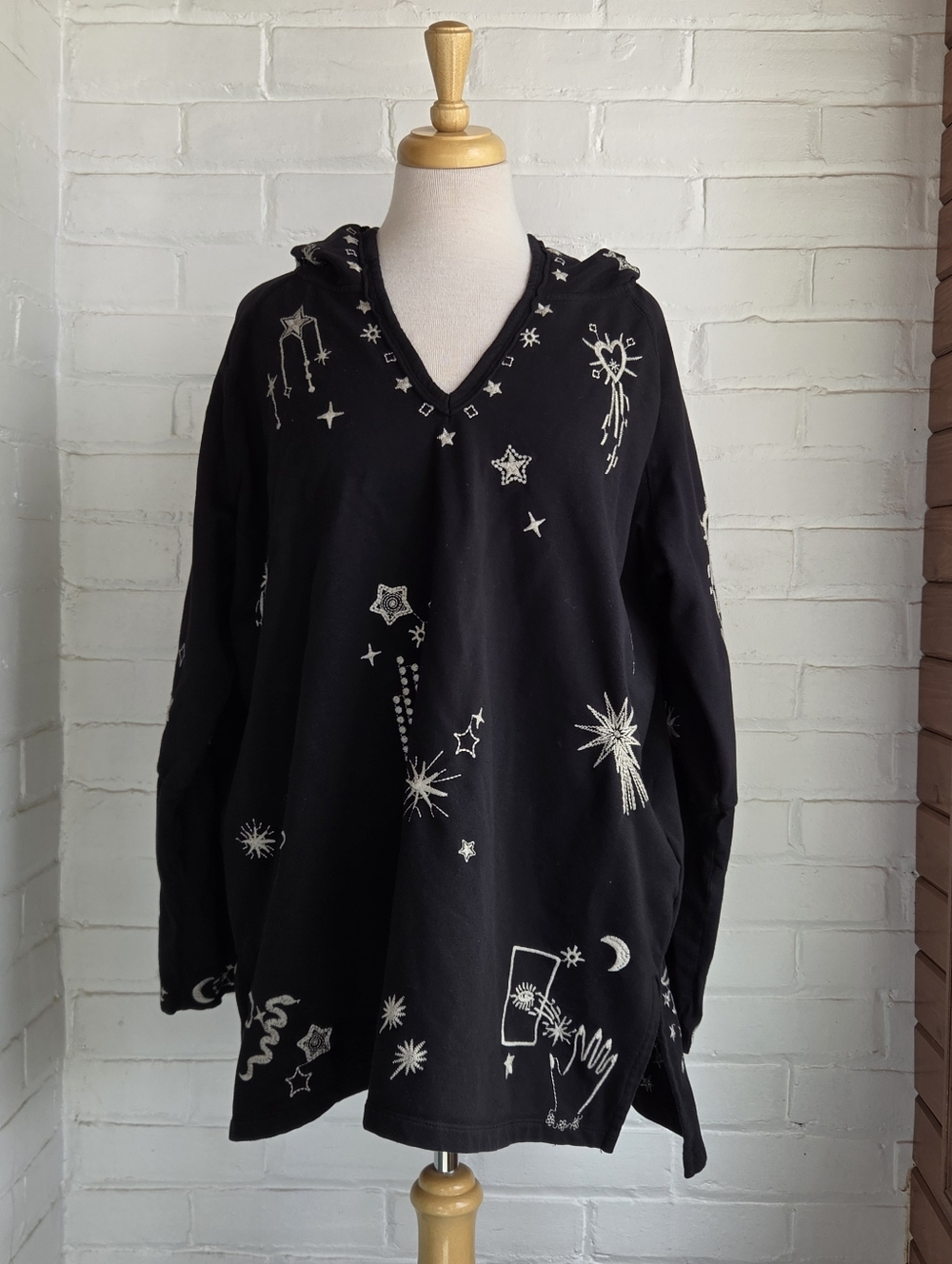 Johnny Was Algol Beach Raw Hoodie Black Celestial Star Moon Cotton XXL